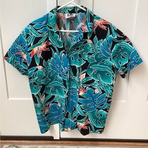 Vintage Hilo Hattie authentic Hawaiian unisex shirt teal black vacation beach